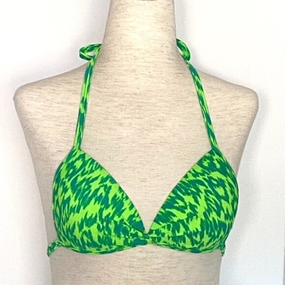 SO Bikini Swimsuit Halter Top Junior Sz XS Neon Animal Print Green Ruched Center - Picture 1 of 13